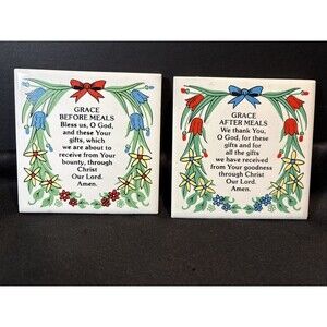Set of VTG Grace Before Meals & Grace After Meals Tile Trivets Made in HONG KONG
